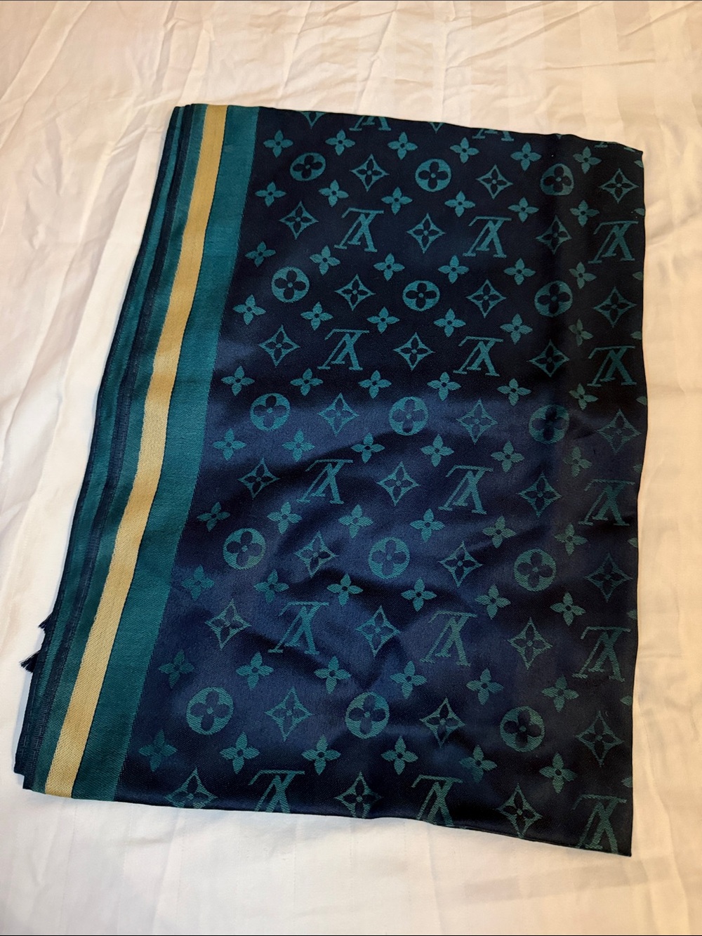 Louis Vuitton style Teal & Navy Monogram Silk Scarf with Gold Stripe